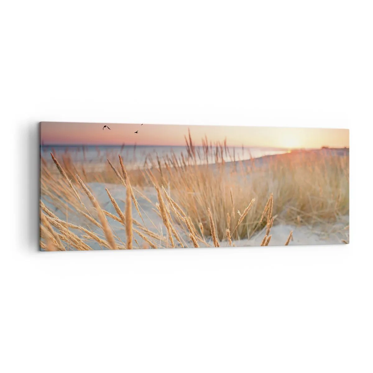 Bild auf Leinwand - Leinwandbild - Sonnenuntergangsstrand mit hohem Gras - 140x50cm - Das baltische Wiegenlied - Moderne Wanddekoration für Wohnzimmer und Schlafzimmer ARTTOR