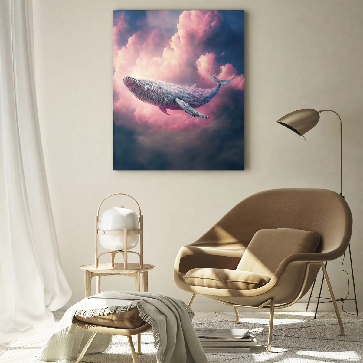 Glasbild - Bild auf glas - Ein Wal, der mit einem rosa Schimmer in den Wolken schwebt - 50x70cm - Reibe deine Augen - Moderne Wanddekoration für Wohnzimmer und Schlafzimmer ARTTOR
