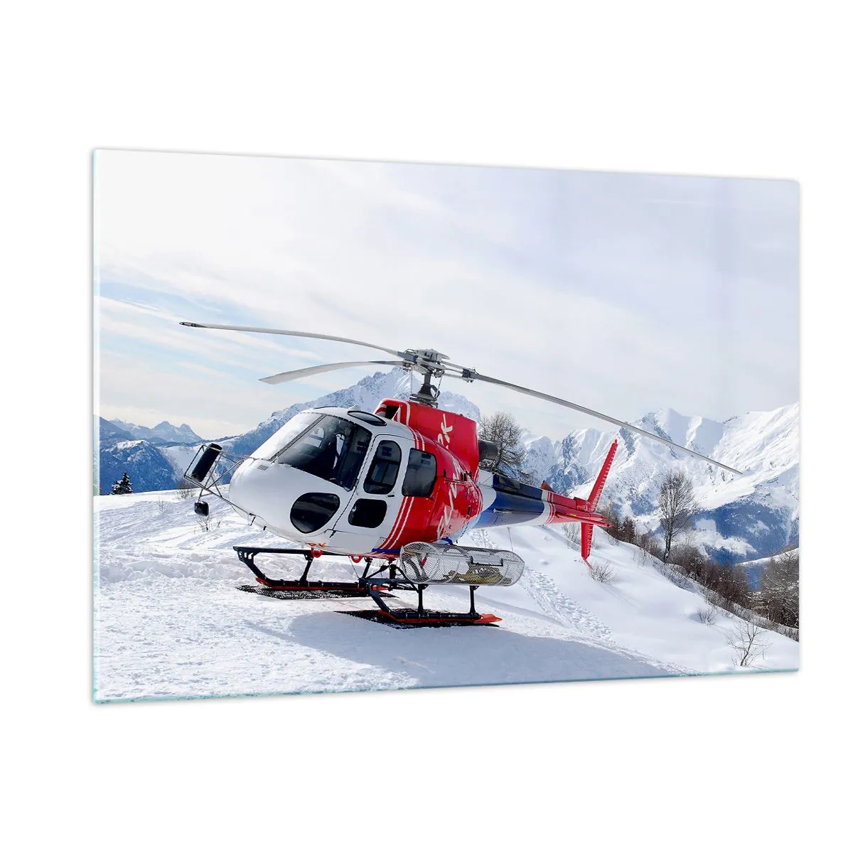 Glasbild - Bild auf glas - Ein roter Hubschrauber in einer winterlichen Berglandschaft - 120x80cm - Immer bereit - Moderne Wanddekoration für Wohnzimmer und Schlafzimmer ARTTOR