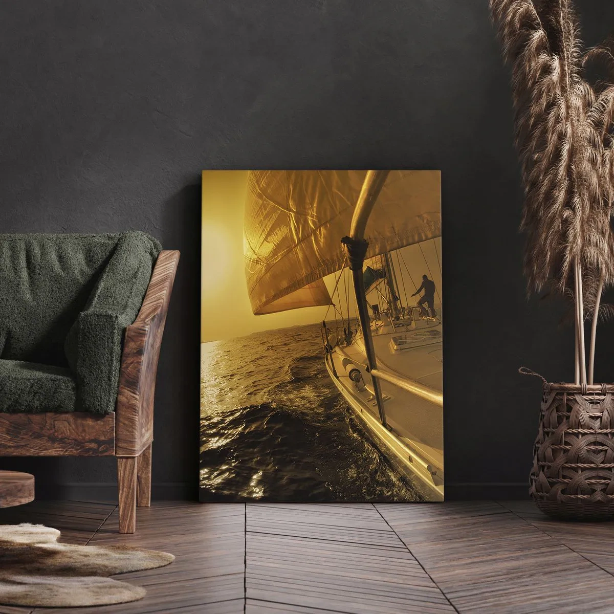 Bild auf Leinwand - Leinwandbild - Segelboot auf See bei Sonnenuntergang, goldener Schein. - 80x120cm - Ein goldener Abend nach einem bunten Tag - Moderne Wanddekoration für Wohnzimmer und Schlafzimmer ARTTOR