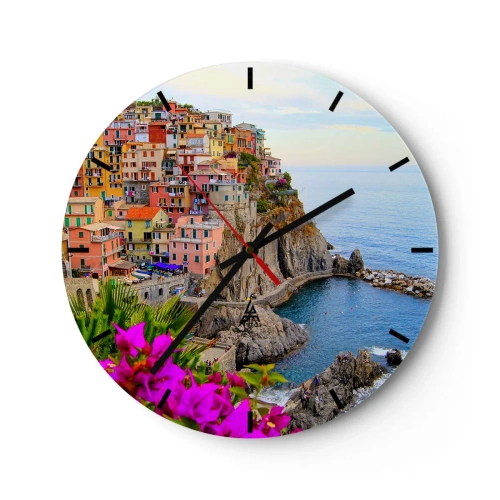 Wanduhr - Glasuhr - Bunte Gebäude auf einer Klippe über dem Meer mit Blumen im Vordergrund - 30x30cm - Lachende Stadt - Moderne Wanddekoration für Wohnzimmer, Küche und Schlafzimmer ARTTOR