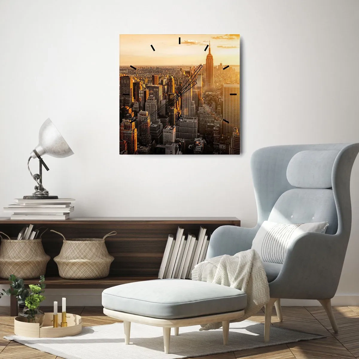Wanduhr - Glasuhr - Skyline von New York City bei Sonnenuntergang mit Blick auf das Empire State Building - 30x30cm - In der Sonne wachsen - Moderne Wanddekoration für Wohnzimmer und Schlafzimmer ARTTOR