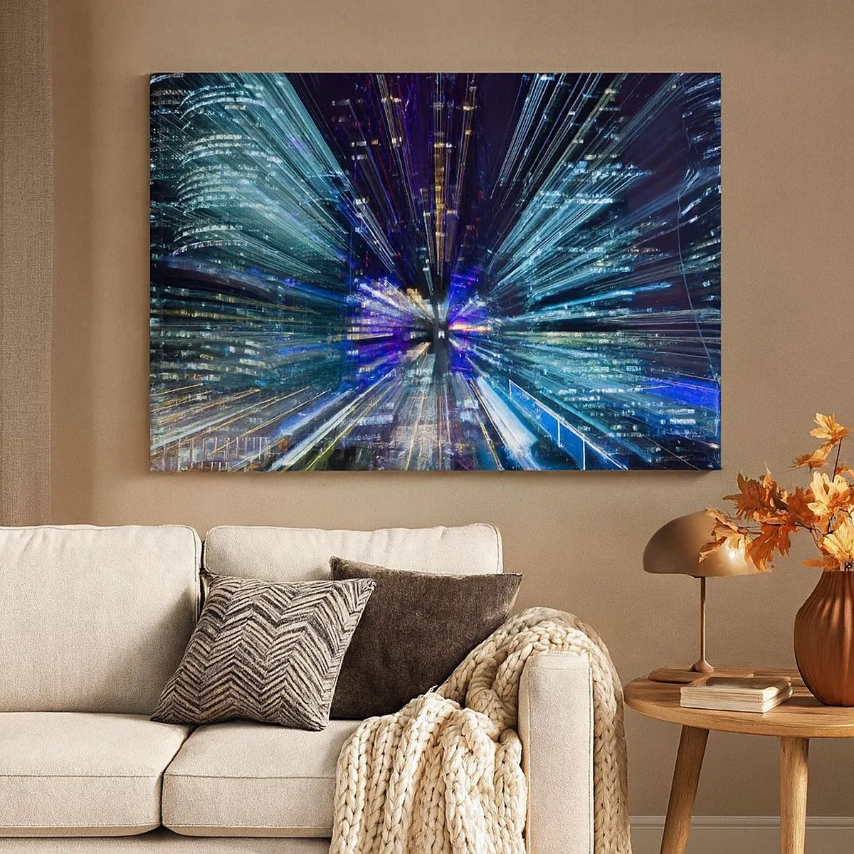 Bild auf Leinwand - Leinwandbild - Dynamische Ansicht der Stadt bei Nacht mit Lichteffekt - 70x50cm - Übergang zum Hyperraum - Moderne Wanddekoration für Wohnzimmer und Schlafzimmer ARTTOR