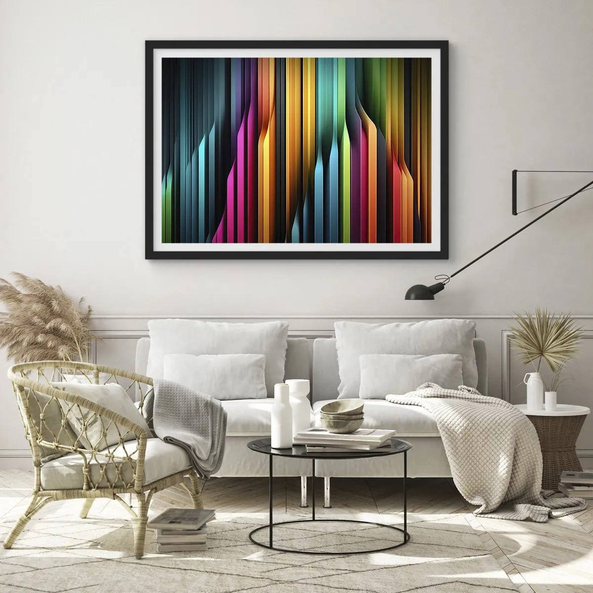 Poster in einem schwarzem Rahmen - Bunte vertikale Linien erzeugen eine dynamische Abstraktion. - 70x50cm - Lichtorgan - Moderne Wanddekoration für Wohnzimmer und Schlafzimmer ARTTOR