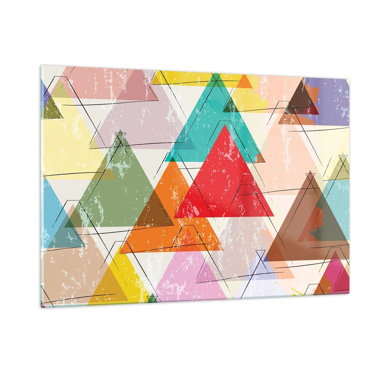 Glasbild - Bild auf glas - Abstraktes Muster aus Dreiecken in verschiedenen Farben - 120x80cm - Drei mal drei - Moderne Wanddekoration für Wohnzimmer und Schlafzimmer ARTTOR