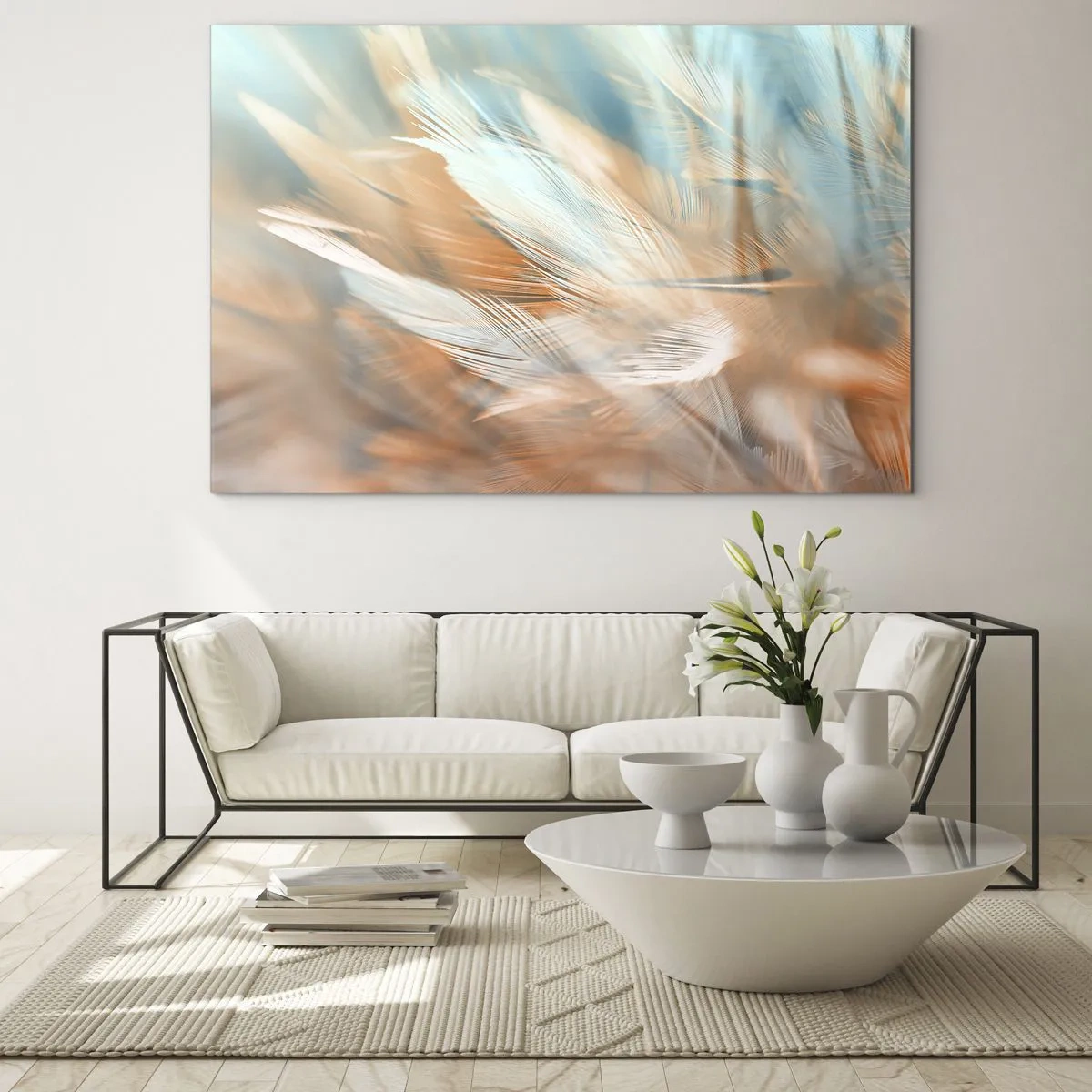 Glasbild - Bild auf glas - Zarte Federn in Pastelltönen von Türkis und Pfirsich - 70x50cm - Im Land der Sanftmut - Moderne Wanddekoration für Wohnzimmer und Schlafzimmer ARTTOR