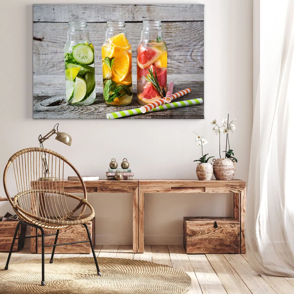 Bild auf Leinwand - Leinwandbild - Flaschen mit Fruchtwasser und Kräutern auf einem hölzernen Hintergrund - 70x50cm - Von Natur aus gesund - Moderne Wanddekoration für Wohnzimmer und Schlafzimmer ARTTOR