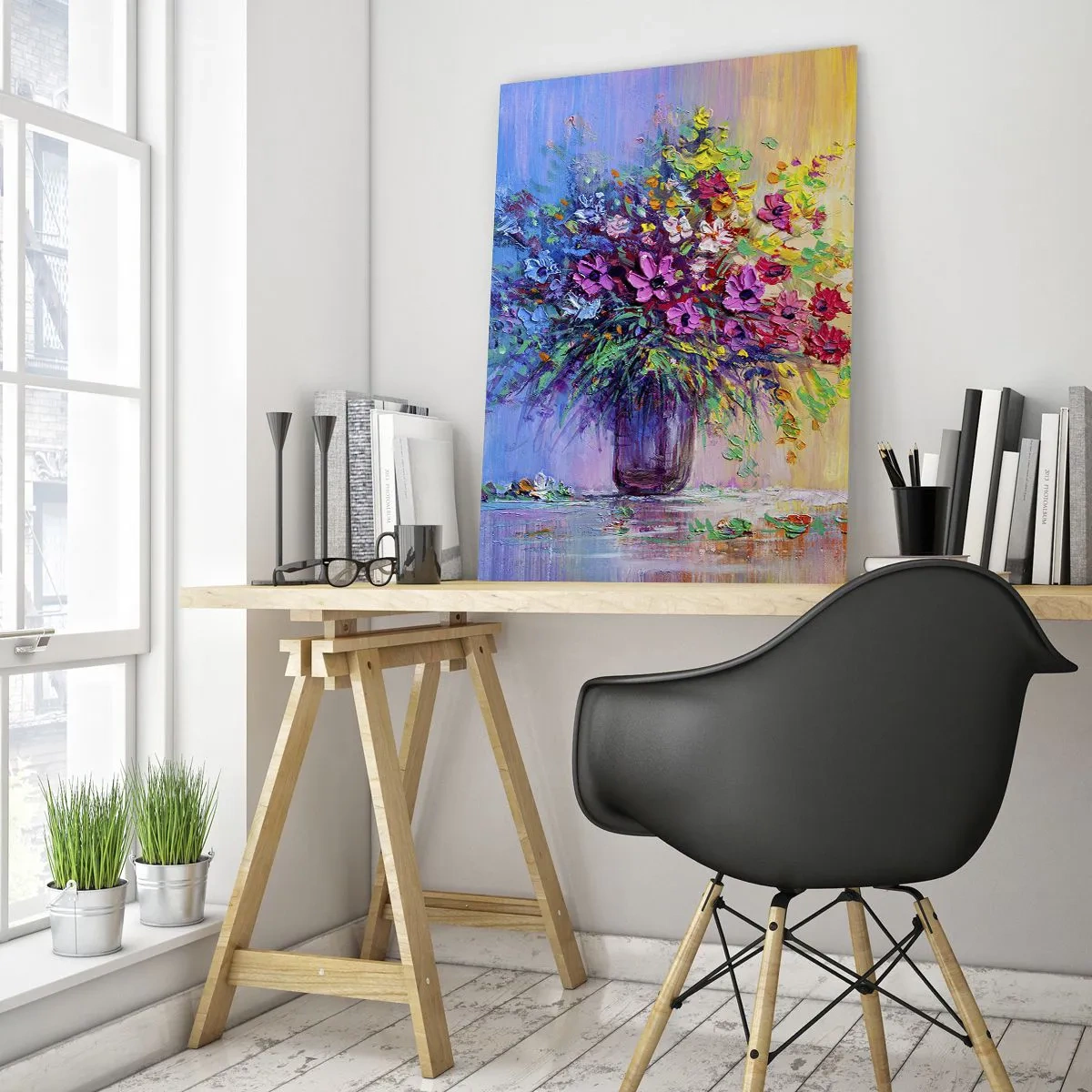 Glasbild - Bild auf glas - Ein bunter Blumenstrauß in einer Vase vor einem Hintergrund mit Farbverlauf - 80x120cm - Sommergeschenk der Wiese - Moderne Wanddekoration für Wohnzimmer und Schlafzimmer ARTTOR