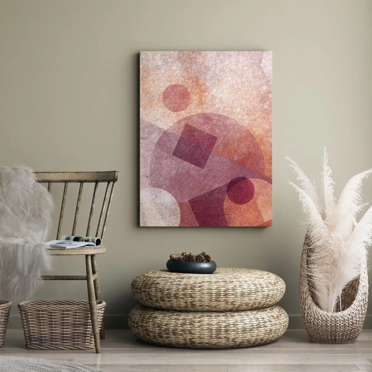 Bild auf Leinwand - Leinwandbild - Abstrakte geometrische Formen in Pastelltönen von Rosa - 50x70cm - Geometrische Transformationen in Pink - Moderne Wanddekoration für Wohnzimmer und Schlafzimmer ARTTOR