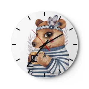 Wanduhr - Glasuhr - Ein Teddybär im gestreiften T-Shirt mit einer Tasse Tee - 30x30cm - Süße Bärin - Moderne Wanddekoration für Wohnzimmer, Küche und Schlafzimmer ARTTOR