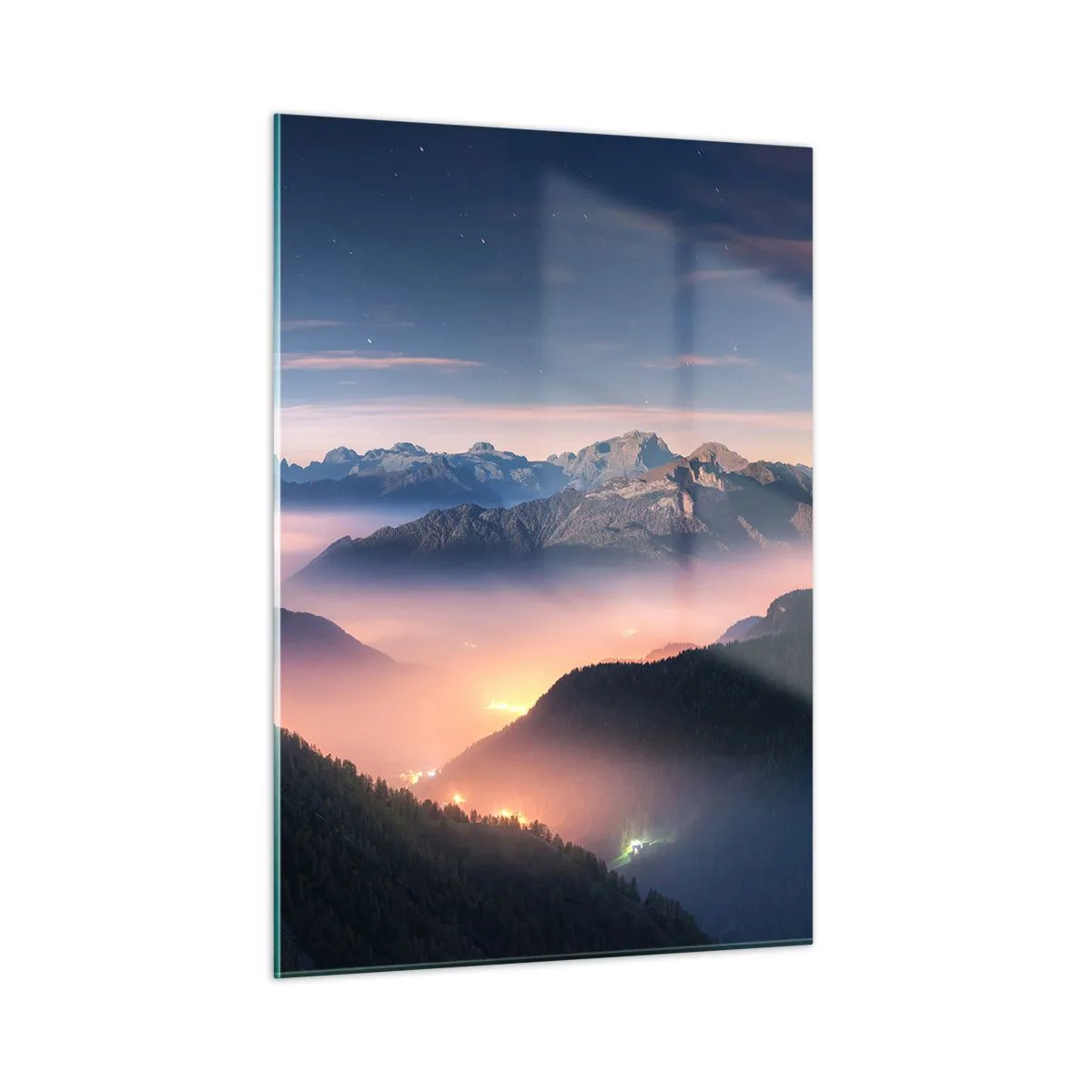 Glasbild - Bild auf glas - Berglandschaft bei Sonnenuntergang mit Nebel im Tal - 50x70cm - Licht in den Tälern - Moderne Wanddekoration für Wohnzimmer und Schlafzimmer ARTTOR