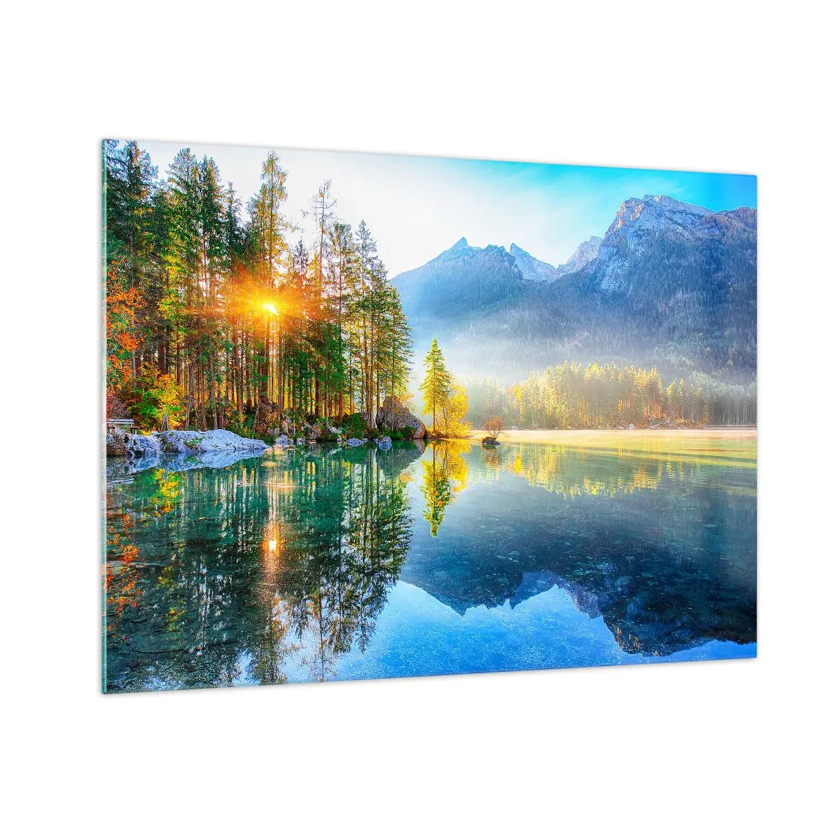 Glasbild - Bild auf glas - Berglandschaft mit See und Morgensonne - 70x50cm - Majestät und Süße - Moderne Wanddekoration für Wohnzimmer und Schlafzimmer ARTTOR