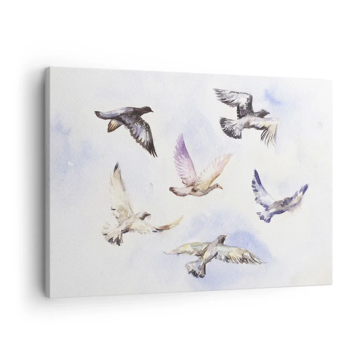 Bild auf Leinwand - Leinwandbild - Aquarellvögel im Flug vor einem zarten Himmel - 70x50cm - Freiheit in Grau und Blau - Moderne Wanddekoration für Wohnzimmer und Schlafzimmer ARTTOR