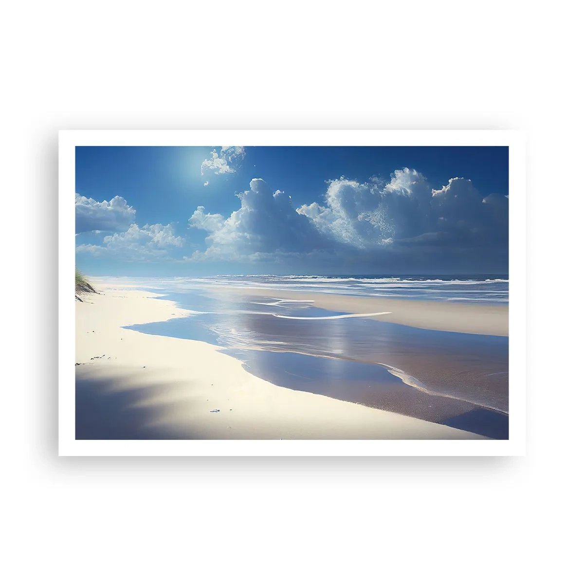 Poster - Ein Sandstrand mit Wellen unter blauem Himmel - 100x70cm - Paradiesischer Urlaub - Moderne Wanddekoration für Wohnzimmer und Schlafzimmer ARTTOR