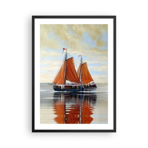 Poster in einem schwarzem Rahmen - Segelboote auf ruhigem Wasser mit roten Segeln - 50x70cm - Hey, Segel, Matrose ... - Moderne Wanddekoration für Wohnzimmer und Schlafzimmer ARTTOR