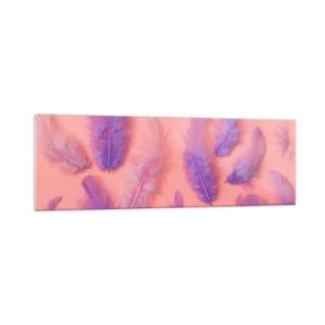 Glasbild - Bild auf glas - Lila und rosa Federn auf pastellfarbenem Hintergrund - 160x50cm - Lila Vogel der Begierde - Moderne Wanddekoration für Wohnzimmer und Schlafzimmer ARTTOR