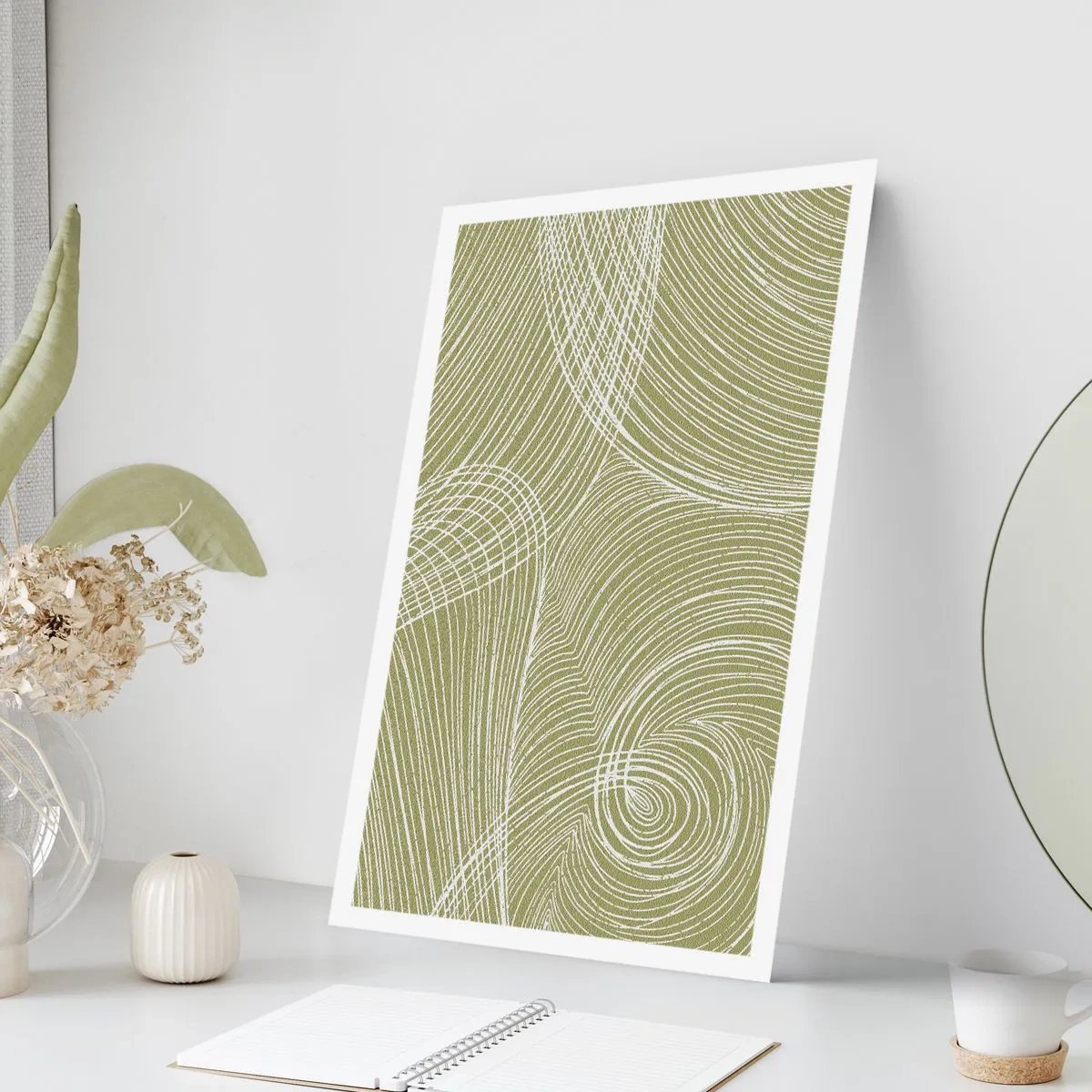 Poster - Eine abstrakte Komposition in Grüntönen mit dynamischen Linien. - 50x70cm - Komplizierte Abstraktion in Weiß - Moderne Wanddekoration für Wohnzimmer und Schlafzimmer ARTTOR