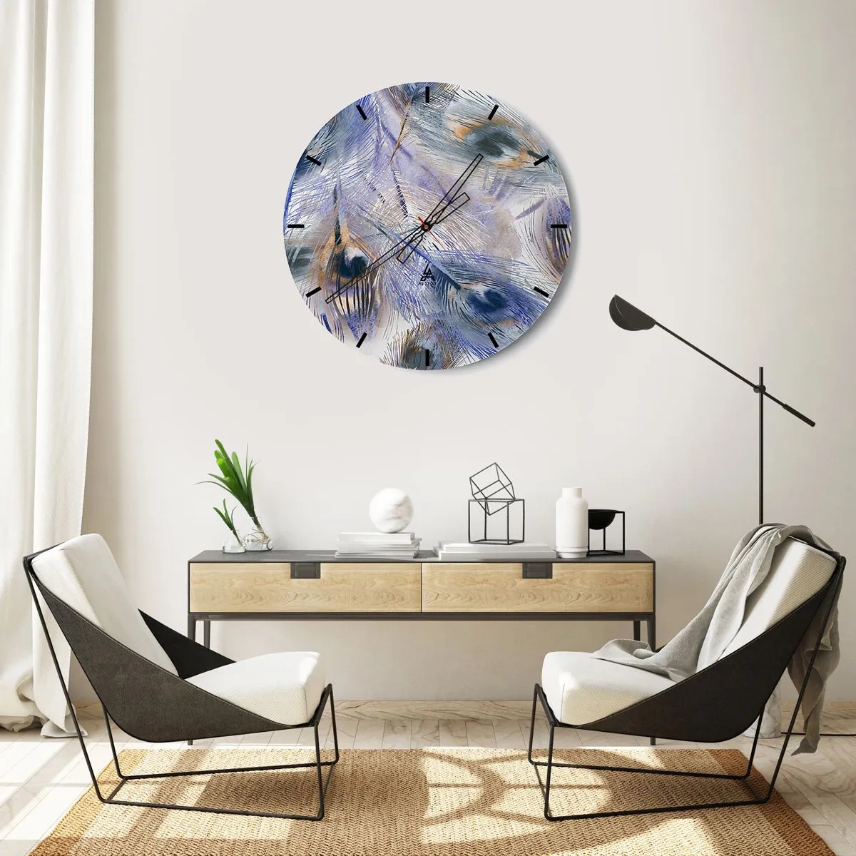 Wanduhr - Glasuhr - Eine von Pfauenfedern inspirierte Komposition im künstlerischen Stil - 30x30cm - Pfau-Komposition - Moderne Wanddekoration für Wohnzimmer, Küche und Schlafzimmer ARTTOR