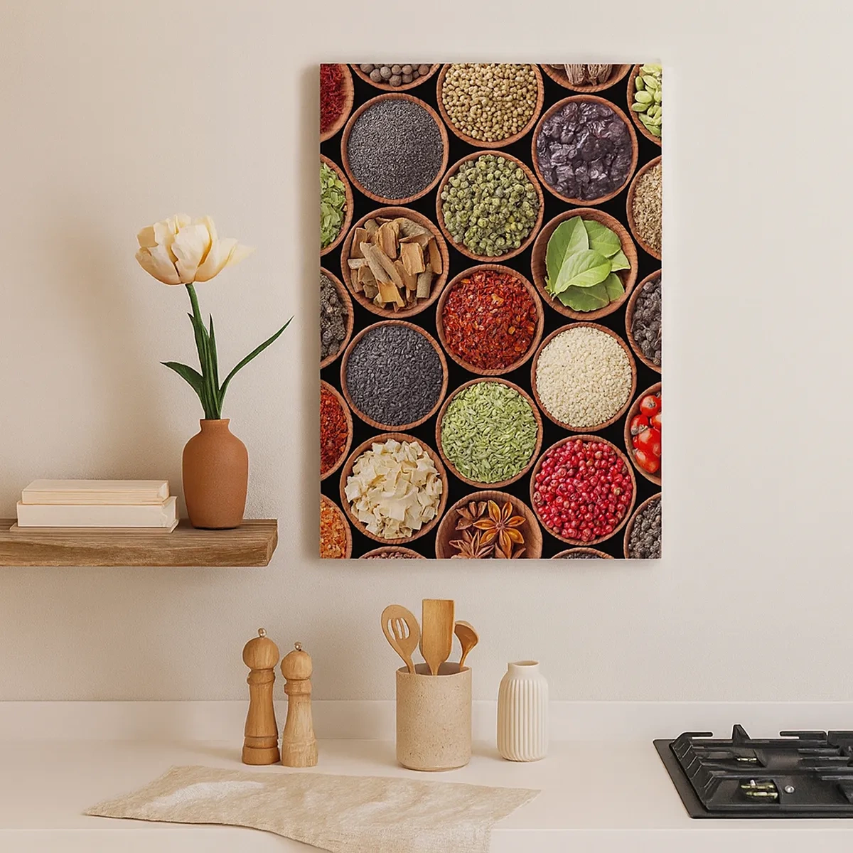 Bild auf Leinwand - Leinwandbild - Bunte Gewürze in runden Behältern - 50x70cm - Alle Aromen der Welt - Moderne Wanddekoration für Wohnzimmer und Schlafzimmer ARTTOR