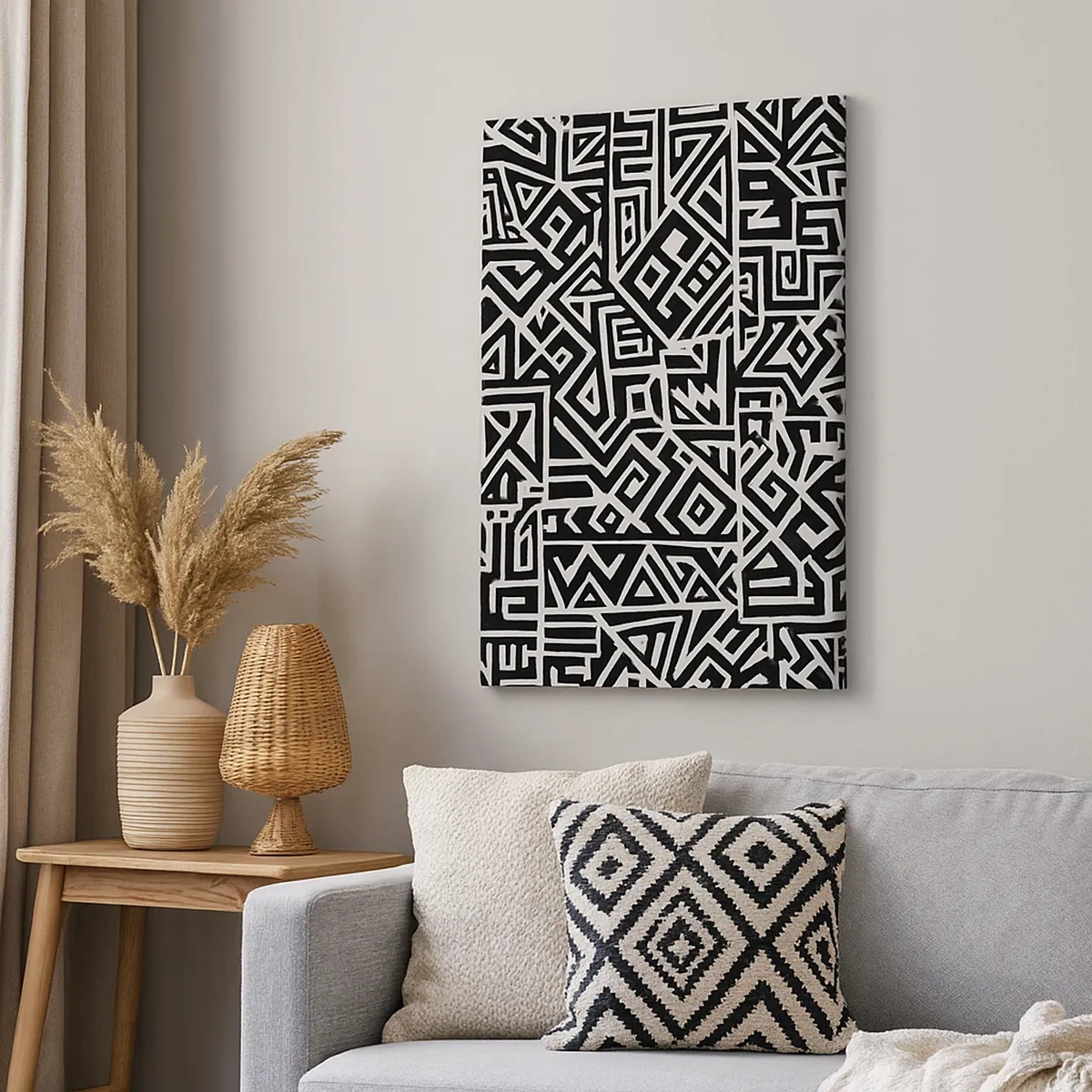 Bild auf Leinwand - Leinwandbild - Schwarz-weiße geometrische Muster, inspiriert von der präkolumbianischen Kultur - 50x70cm - Präkolumbianische Komposition - Moderne Wanddekoration für Wohnzimmer und Schlafzimmer ARTTOR