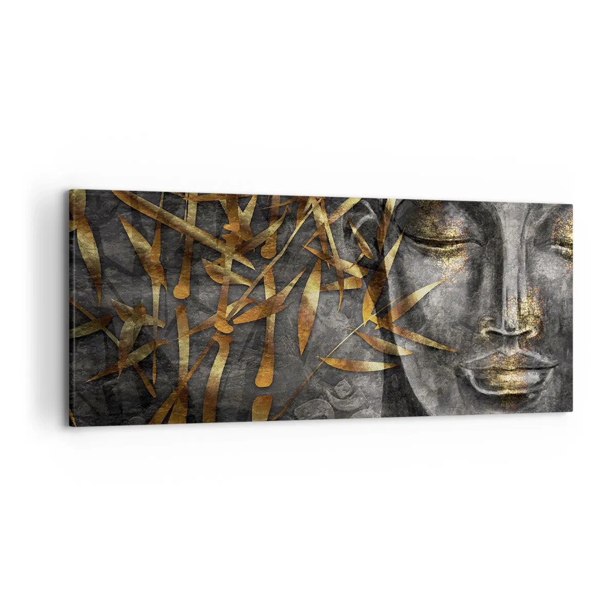 Bild auf Leinwand - Leinwandbild - Zen-Buddha-Bild mit goldenem Bambus - 120x50cm - Fühle den Frieden - Moderne Wanddekoration für Wohnzimmer und Schlafzimmer ARTTOR