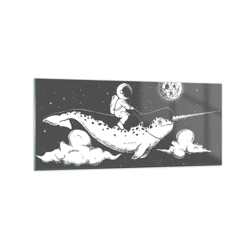 Glasbild - Bild auf glas - Ein Astronaut auf dem Rücken eines Narwals, der in einer Weltraumszene schwimmt. - 120x50cm - Weltraumreiter - Moderne Wanddekoration für Wohnzimmer und Schlafzimmer ARTTOR