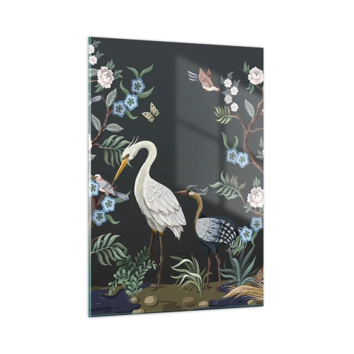 Glasbild - Bild auf glas - Bunte Vögel zwischen blühenden Zweigen vor dunklem Hintergrund - 50x70cm - Vogelparade - Moderne Wanddekoration für Wohnzimmer und Schlafzimmer ARTTOR