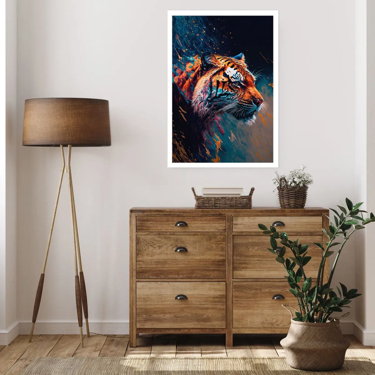 Poster - Ein dynamisches Porträt eines Tigers im künstlerischen Stil - 50x70cm - Wilde Schönheit - Moderne Wanddekoration für Wohnzimmer und Schlafzimmer ARTTOR