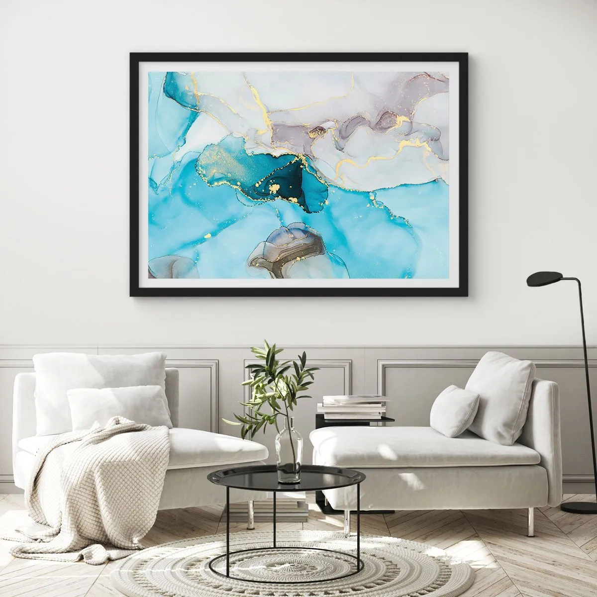 Poster in einem schwarzem Rahmen - Eine Studie über das Zusammentreffen von Grau und Türkis - 91x61 cm