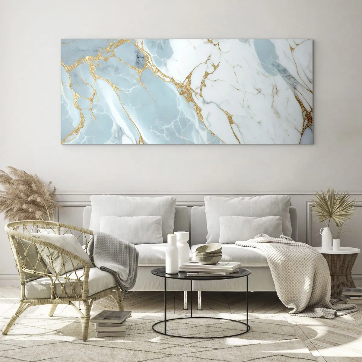 Glasbild - Bild auf glas - Blaue und weiße Marmormuster mit zusätzlichen goldenen Adern - 140x50cm - Reichtum des Steins - Moderne Wanddekoration für Wohnzimmer und Schlafzimmer ARTTOR