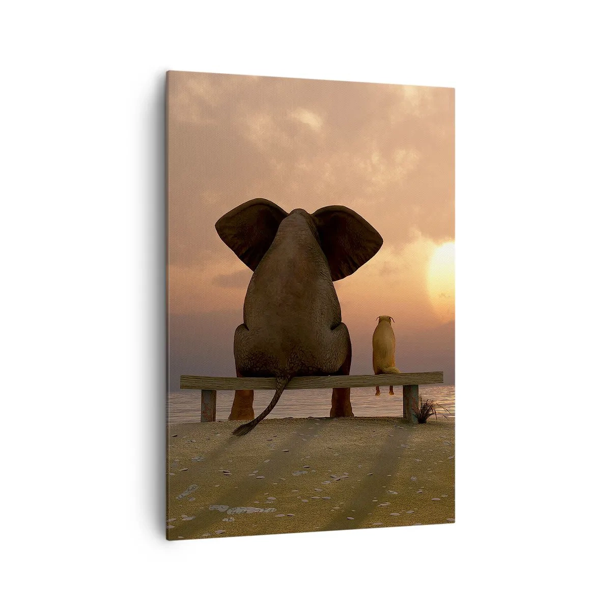 Bild auf Leinwand - Leinwandbild - Ein Elefant und ein Hund sitzen während des Sonnenuntergangs auf einer Bank am Strand. - 70x100cm - Es tut gut zusammen zu schweigen - Moderne Wanddekoration für Wohnzimmer und Schlafzimmer ARTTOR