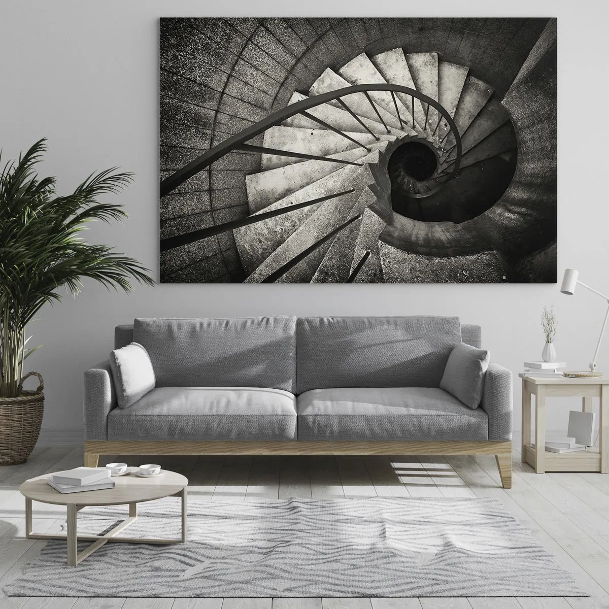 Glasbild - Bild auf glas - Eine schwarz-weiße Wendeltreppe aus der Vogelperspektive - 70x50cm - Treppe hoch, Treppe runter - Moderne Wanddekoration für Wohnzimmer und Schlafzimmer ARTTOR
