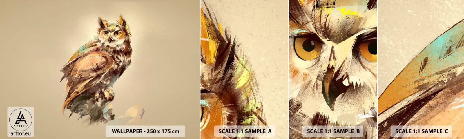 Fototapeten Muster Selbstklebend Deluxe Sticker - Die klügste Eule - bestätigt den Eichenwald - Eule, Vogel, Abstraktion - 100x30 cm