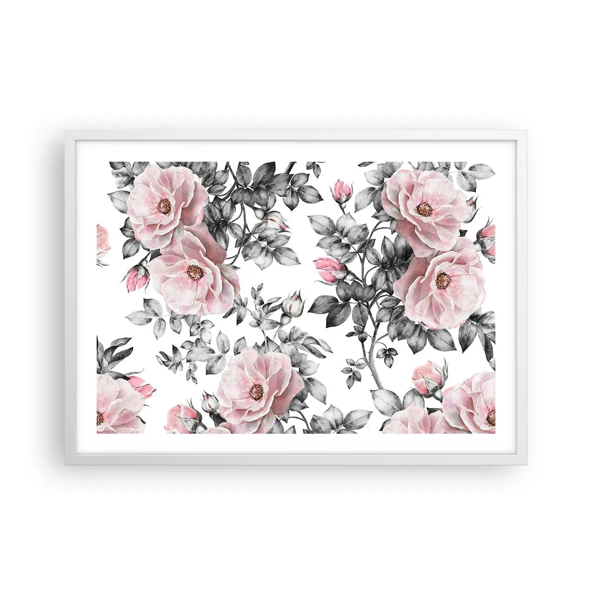 Poster in einem weißen Rahmen - Verliere dich in den Blüten der Rosen - 70x50 cm