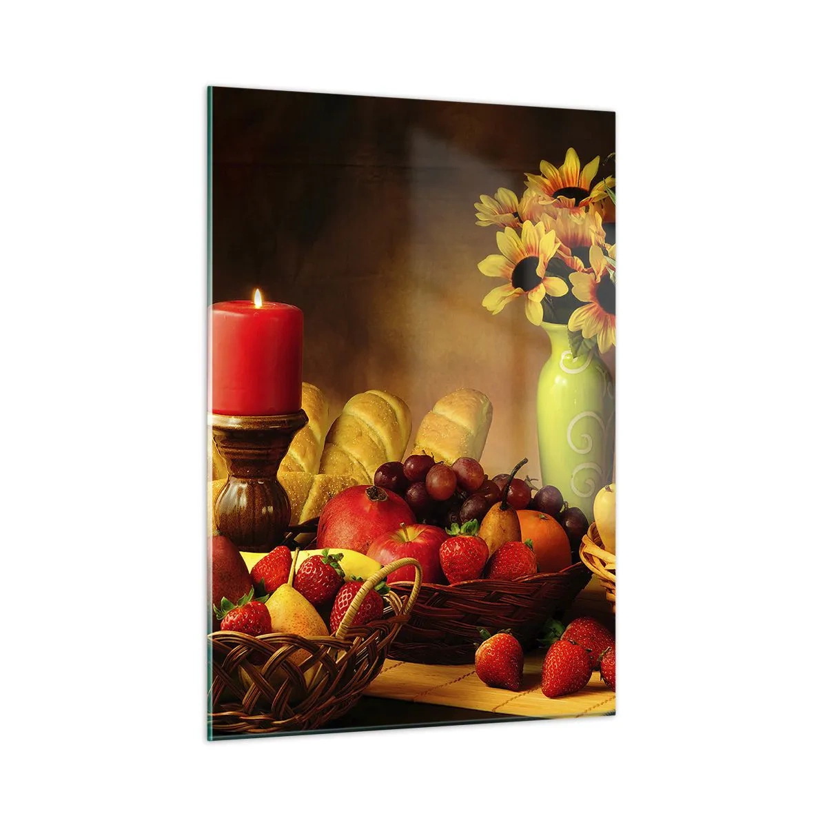 Glasbild - Bild auf glas - Eine Komposition aus Obst, Brot und einer Kerze im rustikalen Stil - 50x70cm - Stillleben mit Brot und Obst - Moderne Wanddekoration für Wohnzimmer und Schlafzimmer ARTTOR