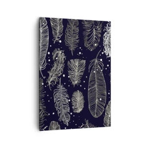 Bild auf Leinwand - Leinwandbild - Zarte weiße Federn auf marineblauem Hintergrund - 50x70cm - Gefiederte Spitze - Moderne Wanddekoration für Wohnzimmer und Schlafzimmer ARTTOR