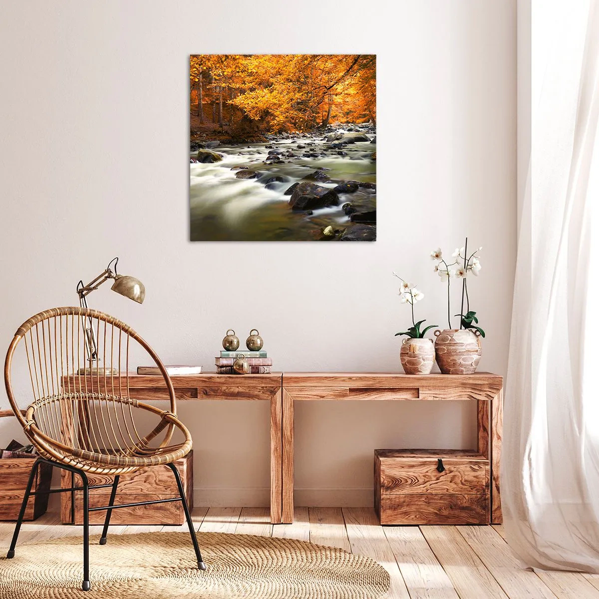 Bild auf Leinwand - Leinwandbild - Ein Bach in einem goldenen Wald - 70x70 cm