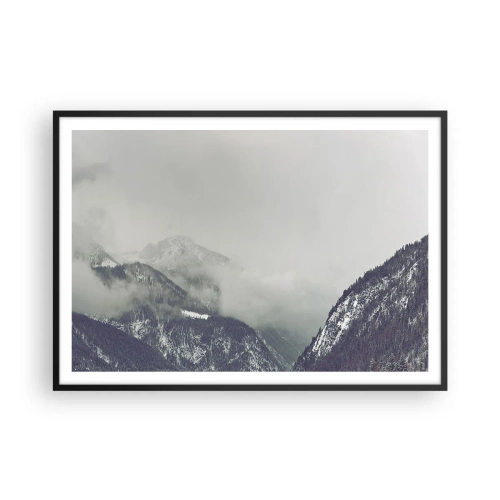 Poster in einem schwarzem Rahmen - Ein in Nebel gehülltes Bergtal in Grautönen - 100x70cm - Nebliges Tal - Moderne Wanddekoration für Wohnzimmer und Schlafzimmer ARTTOR