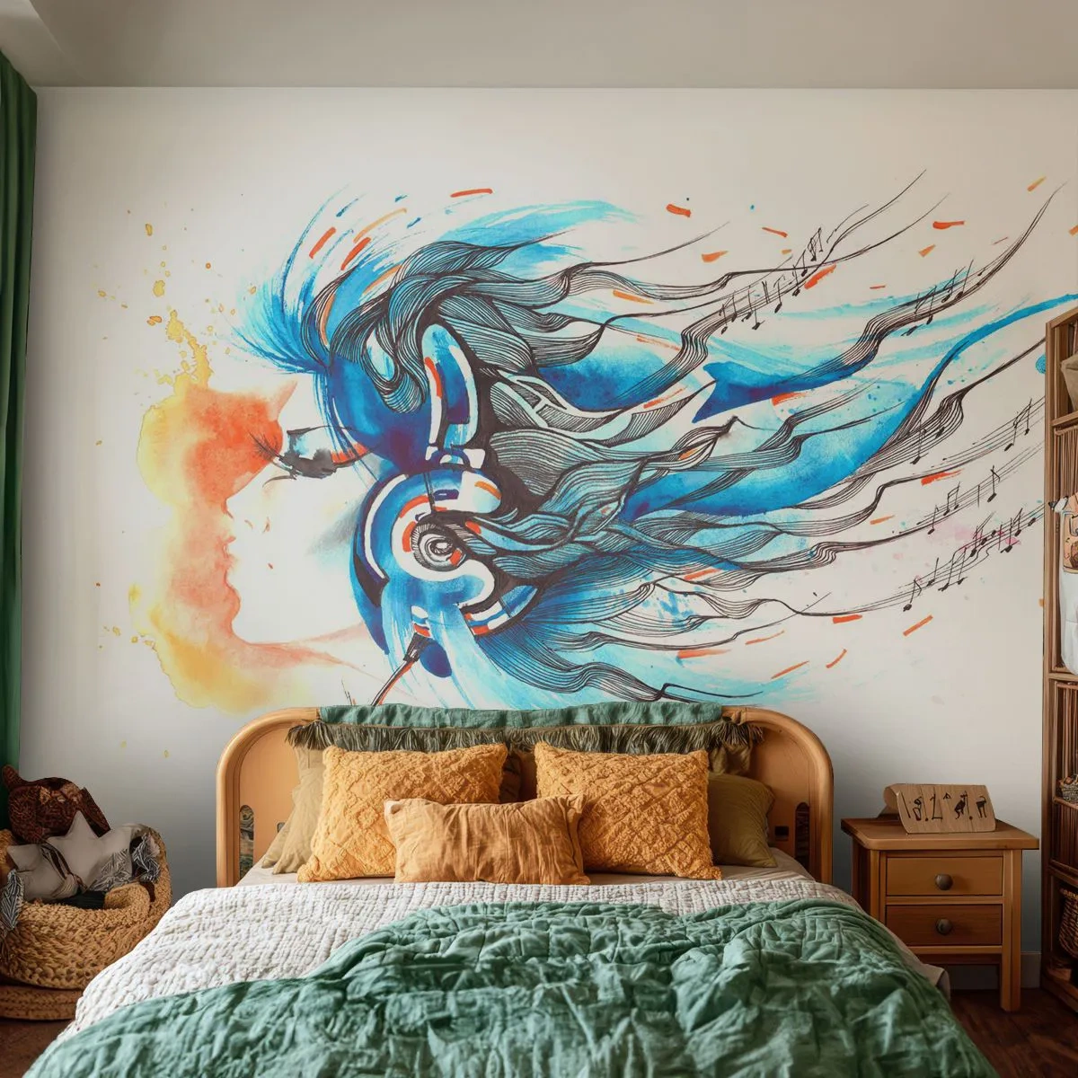 Fototapete Premium Sand - Eine Frau mit Kopfhörern, umgeben von einer musikalischen Aura - 100x70cm - Lass die Musik spielen - Moderne Wanddekoration für Wohnzimmer und Schlafzimmer ARTTOR