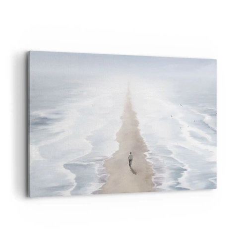 Bild auf Leinwand - Leinwandbild - Eine Figur auf einer einsamen Straße inmitten einer weiten Wasserlandschaft - 120x80cm - Glänzende Zukunft - Moderne Wanddekoration für Wohnzimmer und Schlafzimmer ARTTOR