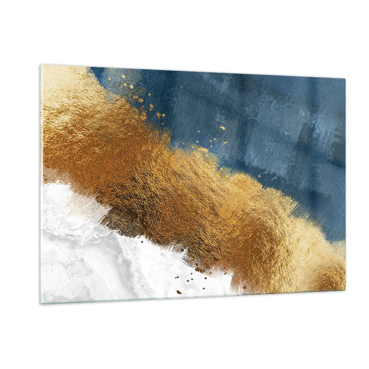 Glasbild - Bild auf glas - Goldene Pinselstriche auf marineblauem und weißem Hintergrund - 120x80cm - Farben des Sommers - Moderne Wanddekoration für Wohnzimmer und Schlafzimmer ARTTOR
