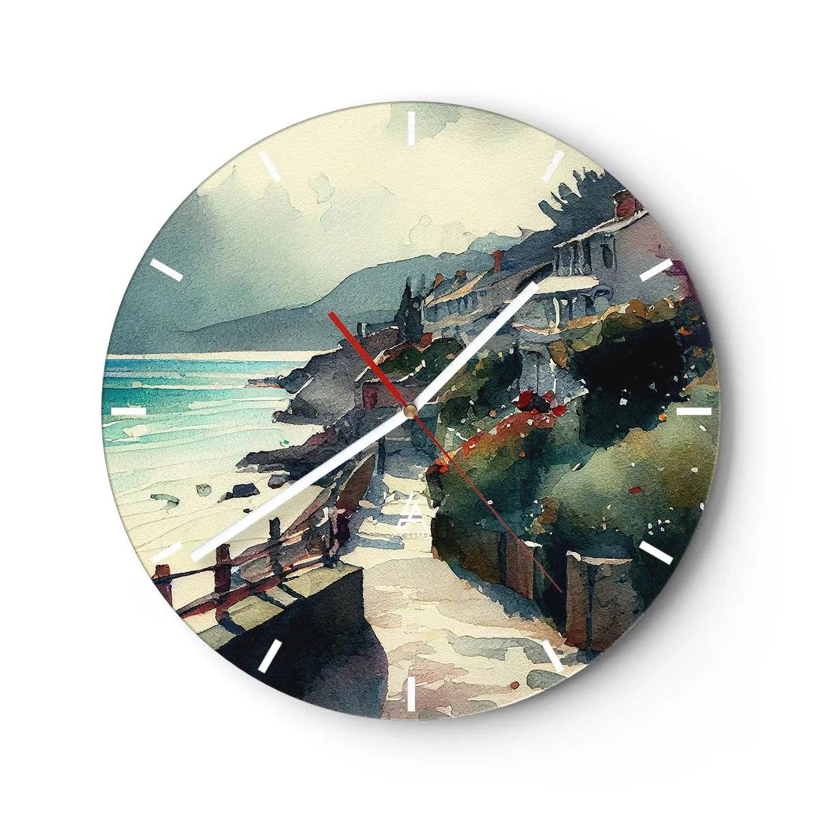 Wanduhr - Glasuhr - Ein Küstenweg, der durch mediterrane Gebäude mit Meerblick führt - 30x30cm - Mittelmeerstadt - Moderne Wanddekoration für Wohnzimmer, Küche und Schlafzimmer ARTTOR