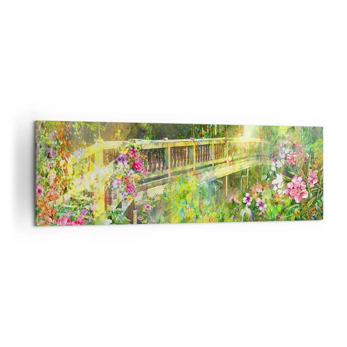 Bild auf Leinwand - Leinwandbild - Eine Brücke umgeben von üppiger Vegetation und Blumen - 160x50cm - Eine Brücke aus Frühlingsseufzern - Moderne Wanddekoration für Wohnzimmer und Schlafzimmer ARTTOR