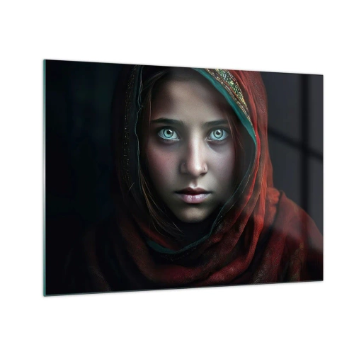 Glasbild - Bild auf glas - Porträt einer Frau mit rotem Schal vor dunklem Hintergrund - 70x50cm - Prinzessin aus dem Osten - Moderne Wanddekoration für Wohnzimmer und Schlafzimmer ARTTOR