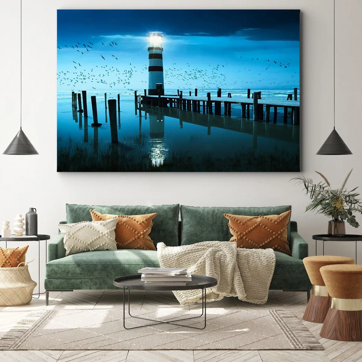 Bild auf Leinwand - Leinwandbild - Der Leuchtturm am Pier beleuchtet in der Nacht - 70x50cm - Und du hast keine Angst vor der Dunkelheit - Moderne Wanddekoration für Wohnzimmer und Schlafzimmer ARTTOR