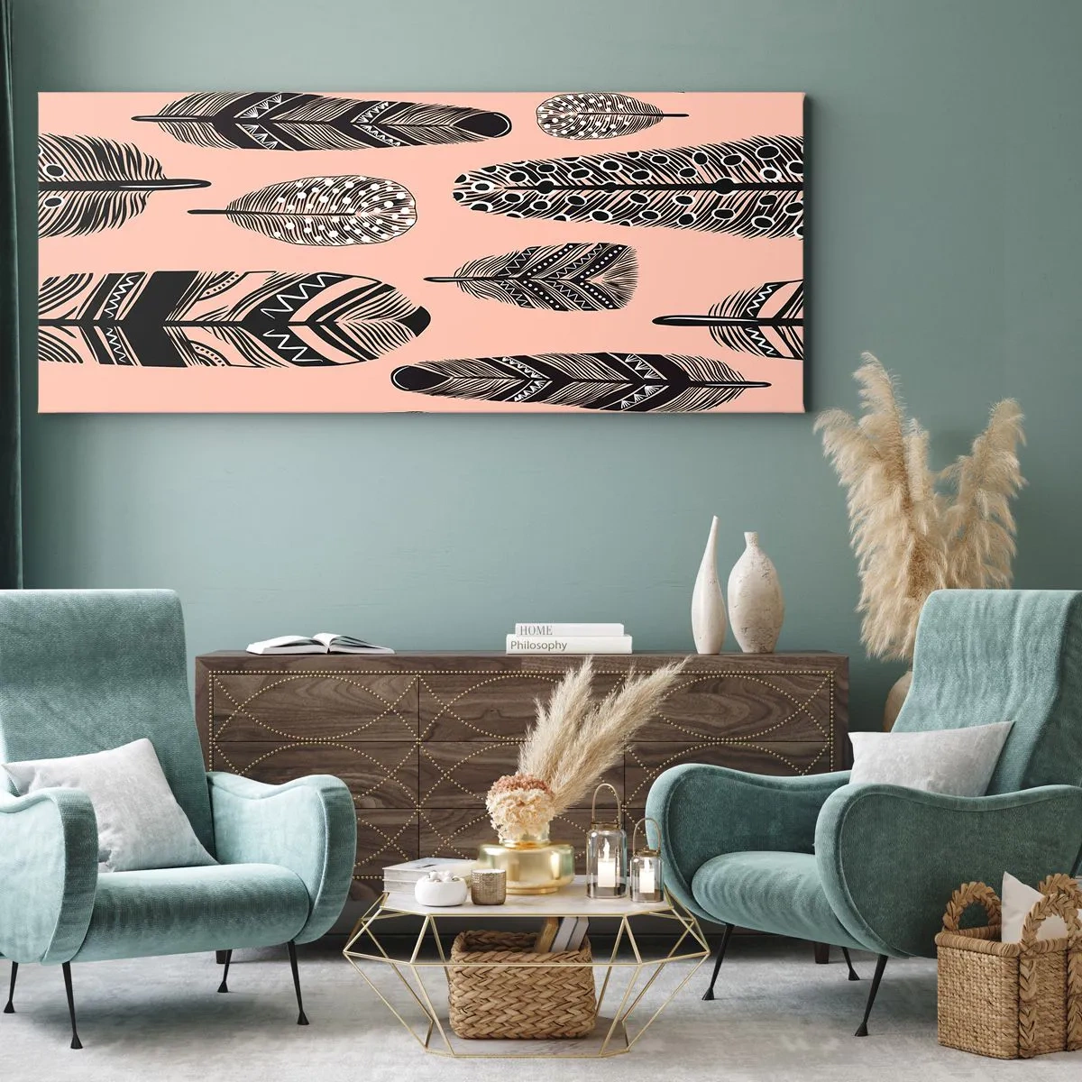 Bild auf Leinwand - Leinwandbild - Dekorative Federn auf hellem Hintergrund - 160x50cm - Indische Sammlung - Moderne Wanddekoration für Wohnzimmer und Schlafzimmer ARTTOR