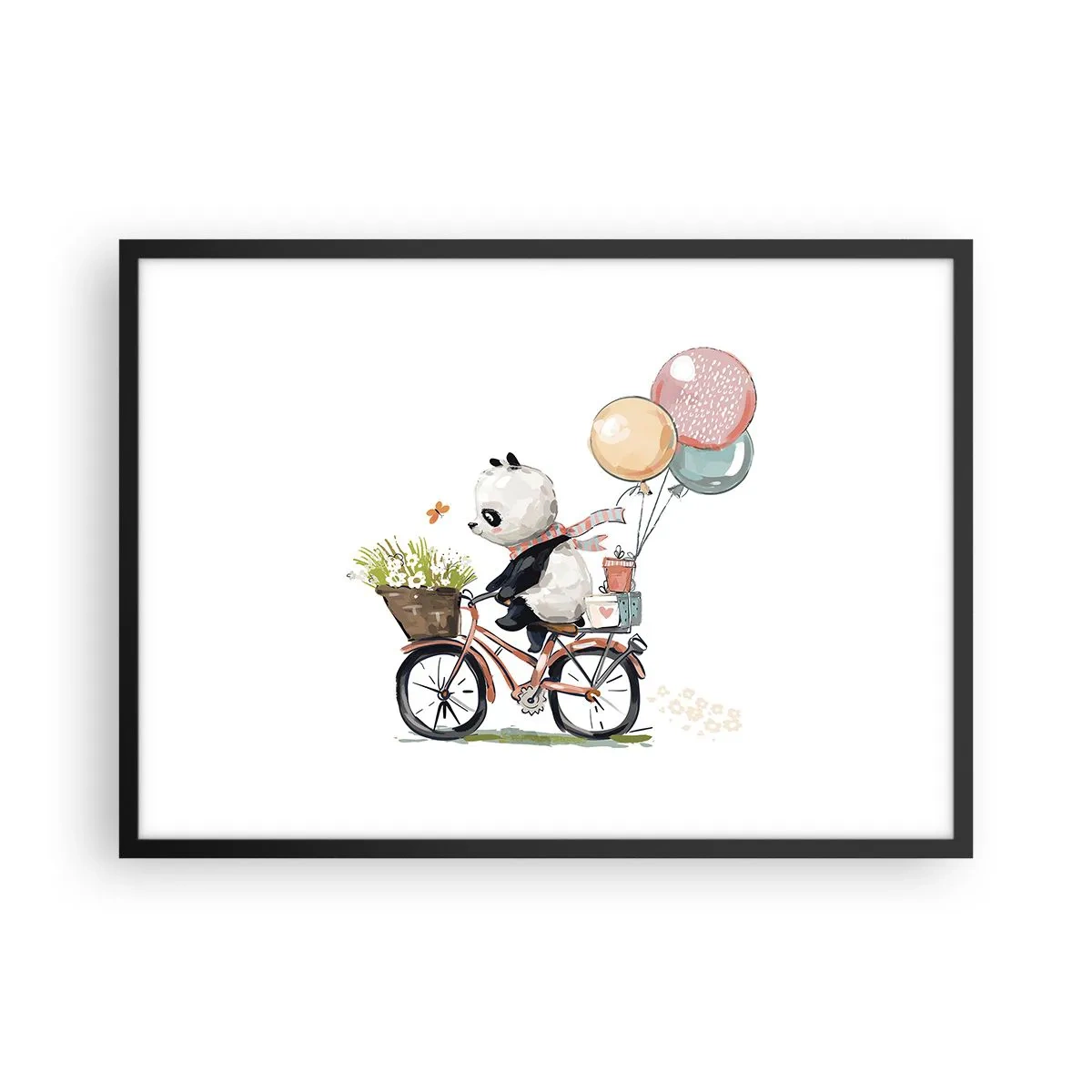 Poster in einem schwarzem Rahmen - Panda auf einem Fahrrad mit Luftballons und Blumen - 70x50cm - Glücklicher Tag - Moderne Wanddekoration für Wohnzimmer und Schlafzimmer ARTTOR