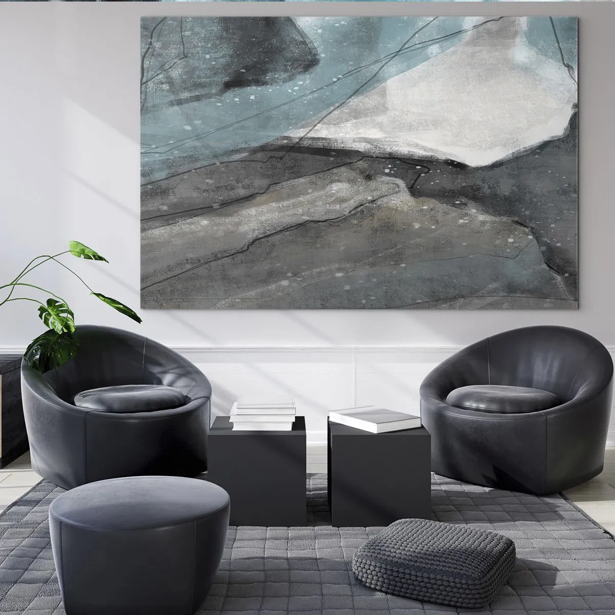 Glasbild - Bild auf glas - Eine abstrakte Darstellung von Felsen und Eis in einer kühlen Farbpalette. - 70x50cm - Abstraktion: Felsen und Eis - Moderne Wanddekoration für Wohnzimmer und Schlafzimmer ARTTOR