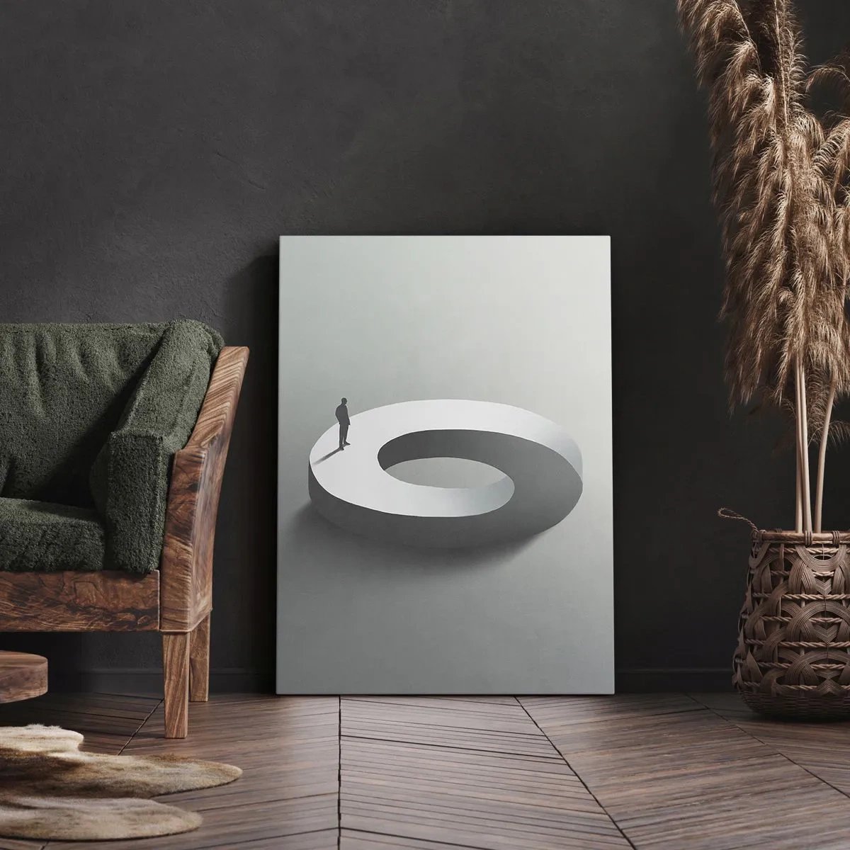 Bild auf Leinwand - Leinwandbild - Ein Mann auf einer grauen, abstrakten Struktur - 70x100cm - Und wie soll man davon klug werden - Moderne Wanddekoration für Wohnzimmer und Schlafzimmer ARTTOR