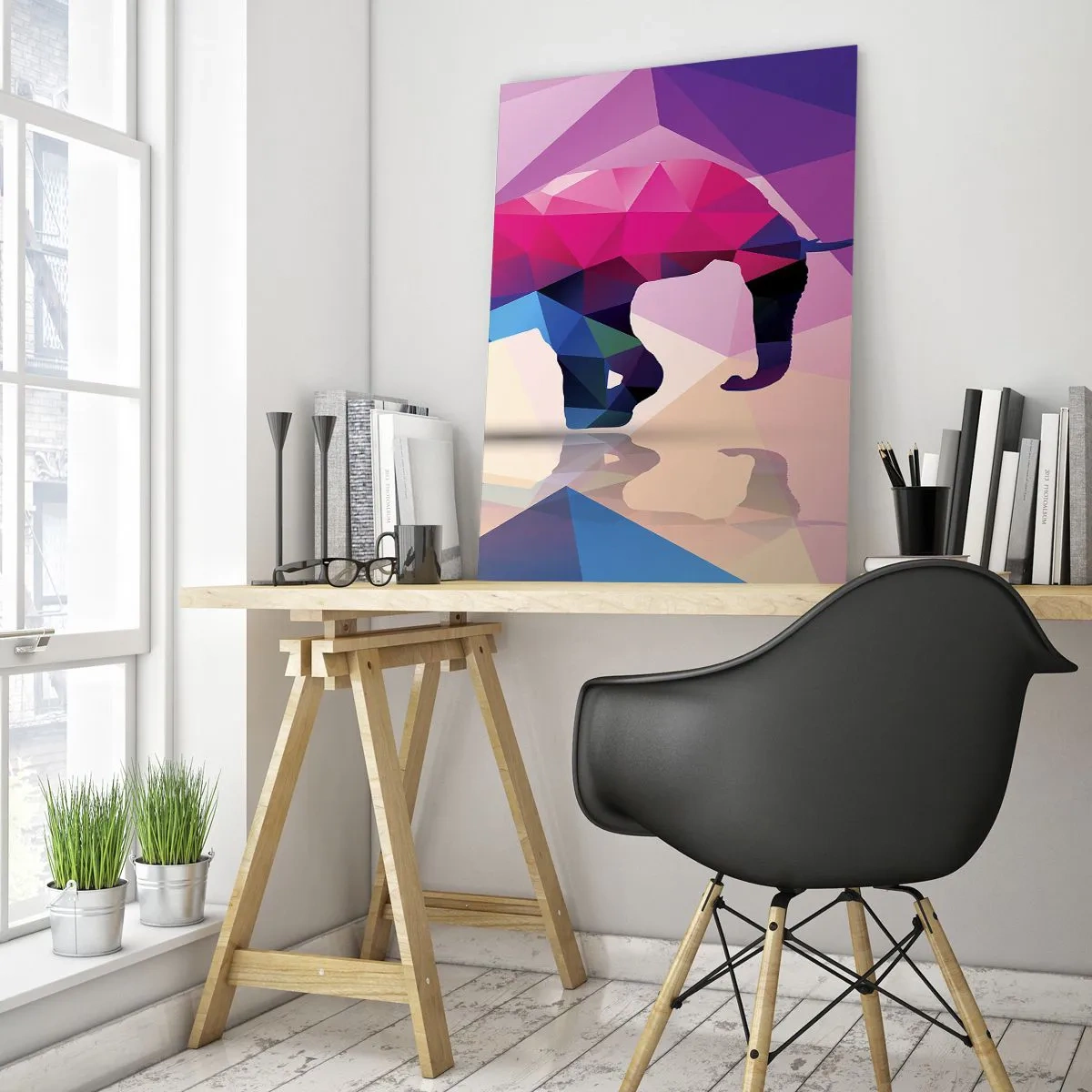Glasbild - Bild auf glas - Geometrischer Elefant in lebendiger, farbenfroher Abstraktion - 50x70cm - Kristalldinosaurier - Moderne Wanddekoration für Wohnzimmer und Schlafzimmer ARTTOR